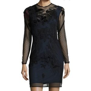 French Connection Womens Floral Applique Long Sleeve Mesh Navy Black Mini Dress